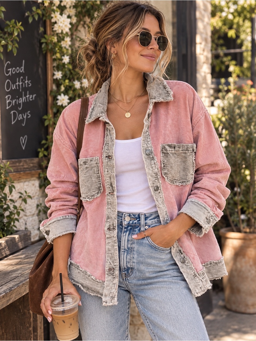 Mazik Washed Pink Jean Shacket with Contrast Grayish Tan Trim
